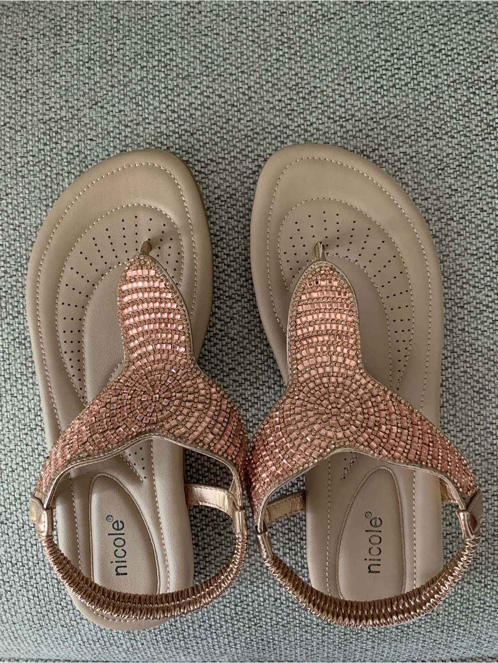 Nicole Rose Gold Beaded T-Strap Sandals